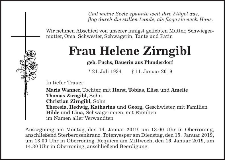 Traueranzeige Helene Zirngibl