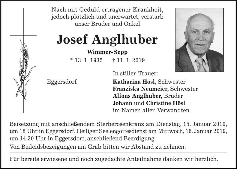 Traueranzeige Josef Angelhuber