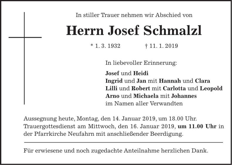 Traueranzeige Josef Schmalzl