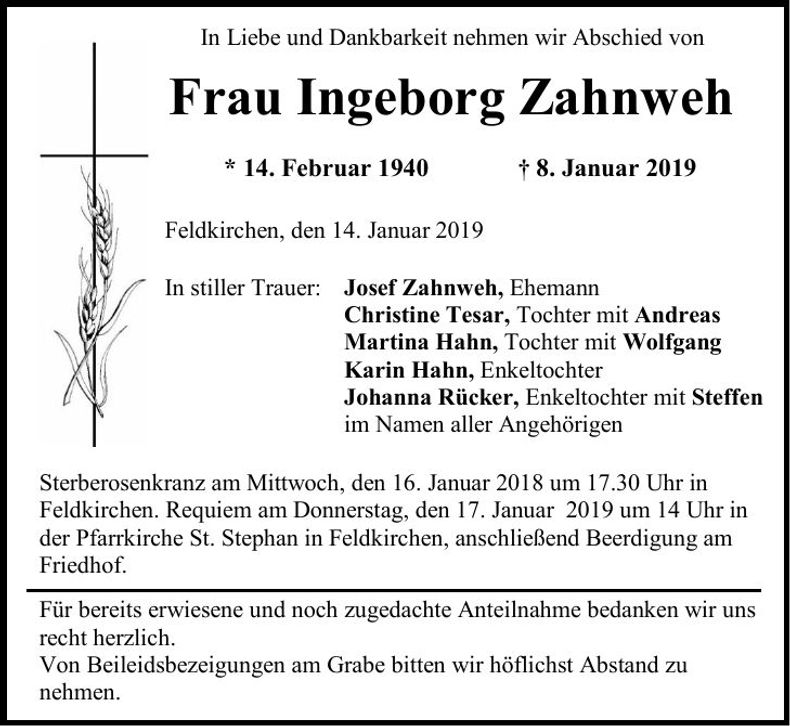 Traueranzeige Ingeborg Zahnweh