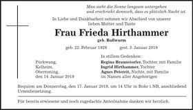 Traueranzeige Frieda Hirthammer