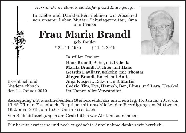 Traueranzeige Maria Brandl