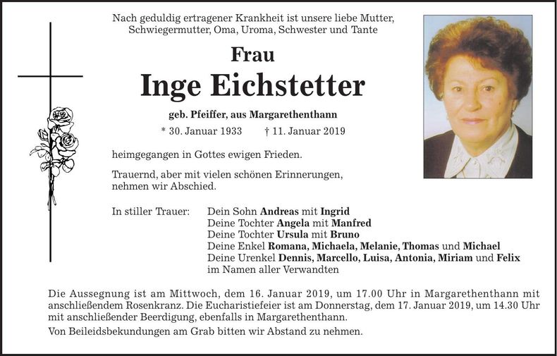 Traueranzeige Inge Eichstetter