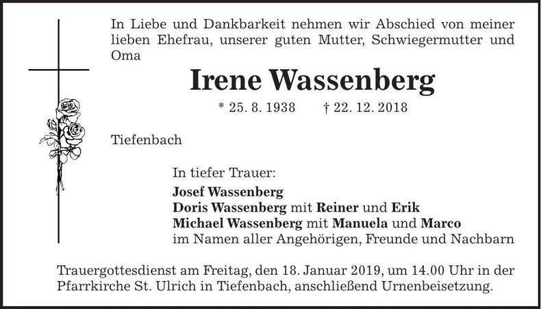 Traueranzeige Irene Wassenberg