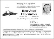 Traueranzeige Josef Franz Fellermeier