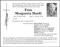 Traueranzeige Margareta Hardt