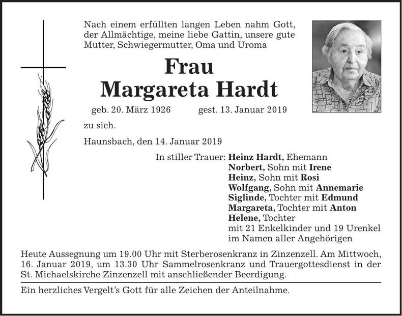 Traueranzeige Margareta Hardt