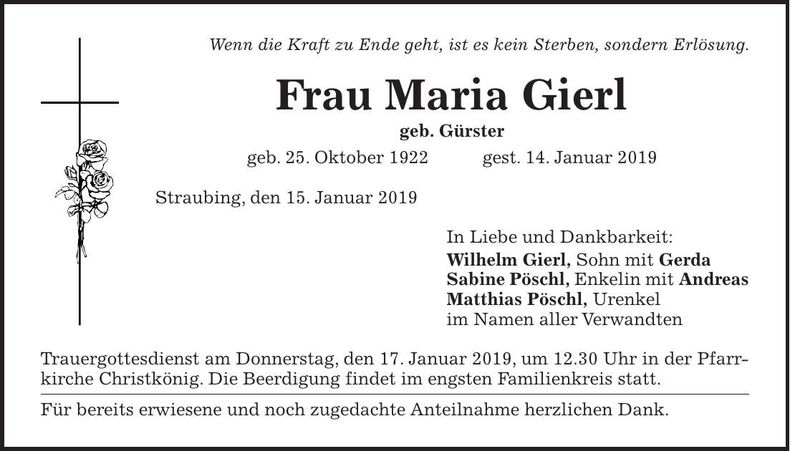 Traueranzeige Maria Gierl