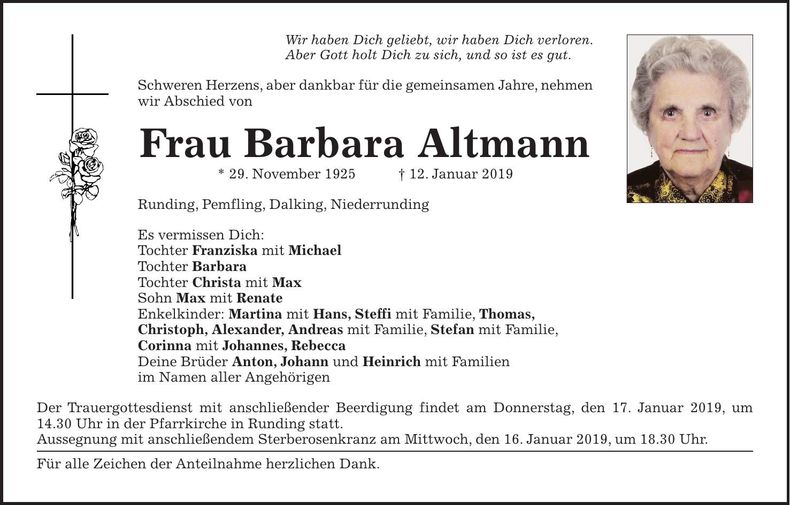 Traueranzeige Barbara Altmann