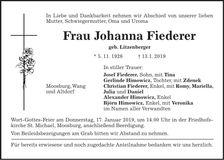 Traueranzeige Johanna Fiederer