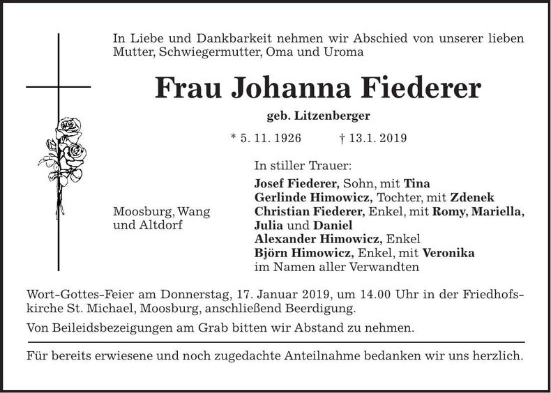 Traueranzeige Johanna Fiederer