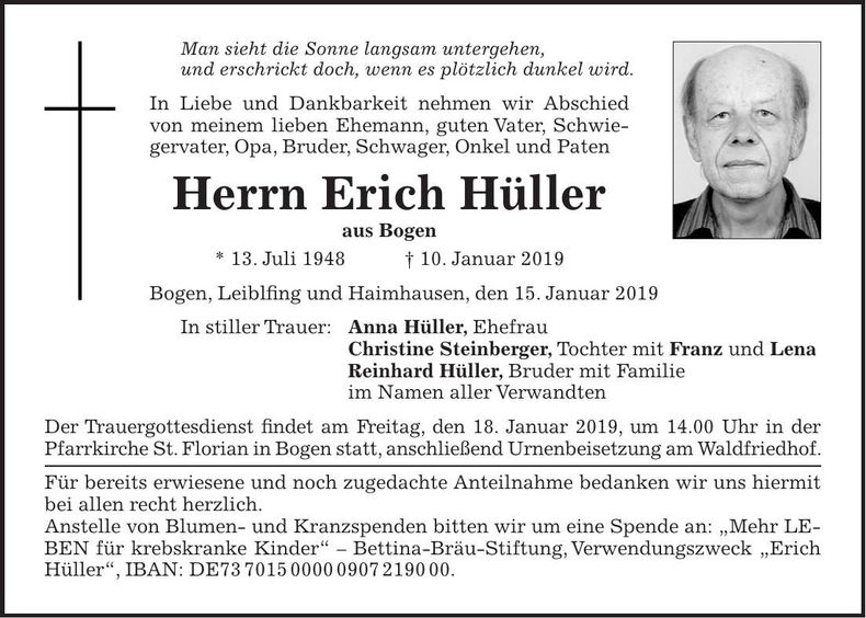 Traueranzeige Erich Hüller