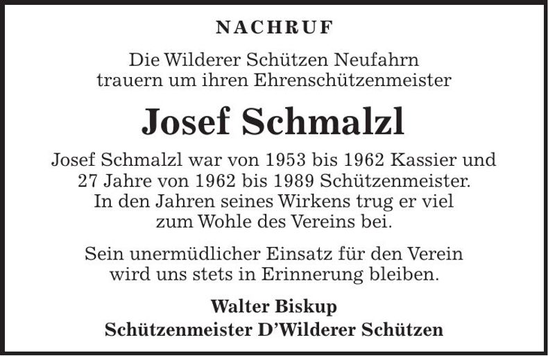 Traueranzeige Josef Schmalzl