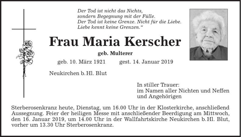Traueranzeige Maria Kerscher