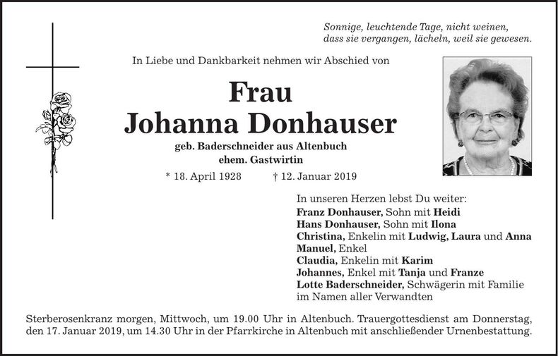 Traueranzeige Johanna Donhauser