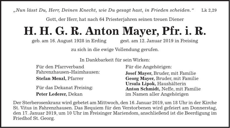 Traueranzeige Anton Mayer