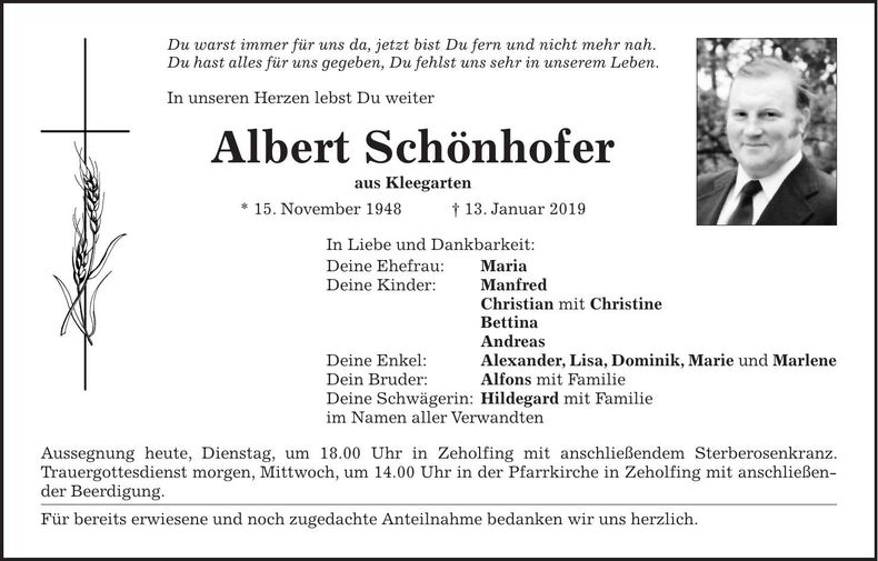 Traueranzeige Albert Schönhofer