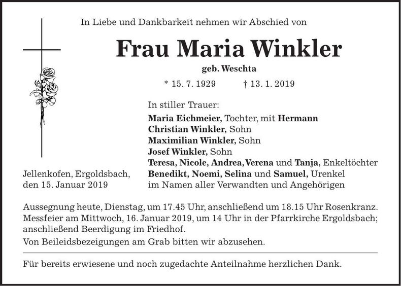 Traueranzeige Maria Winkler