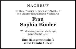 Traueranzeige Sophia Binder