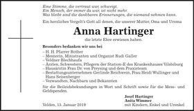 Traueranzeige Anna Hartinger