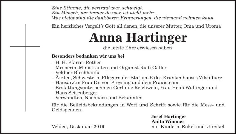 Traueranzeige Anna Hartinger