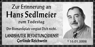 Traueranzeige Hans Sedlmeier