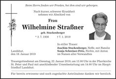 Traueranzeige Wilhelmine Straßner