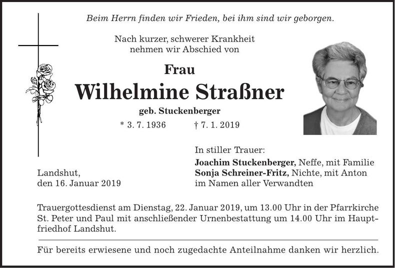 Traueranzeige Wilhelmine Straßner