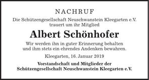 Traueranzeige Albert Schönhofer