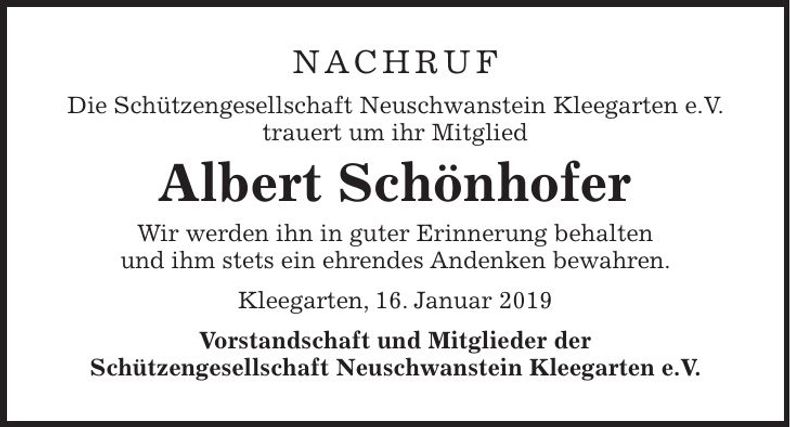 Traueranzeige Albert Schönhofer