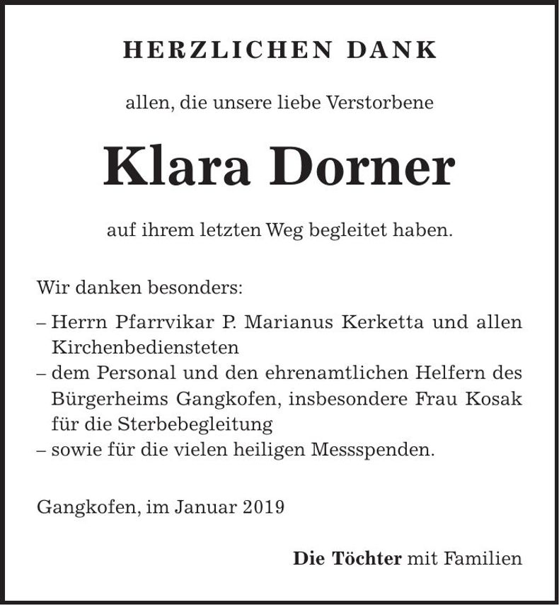 Traueranzeige Klara Dorner