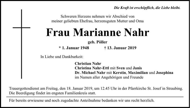Traueranzeige Marianne Nahr