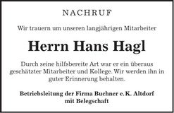 Traueranzeige Hans Hagl