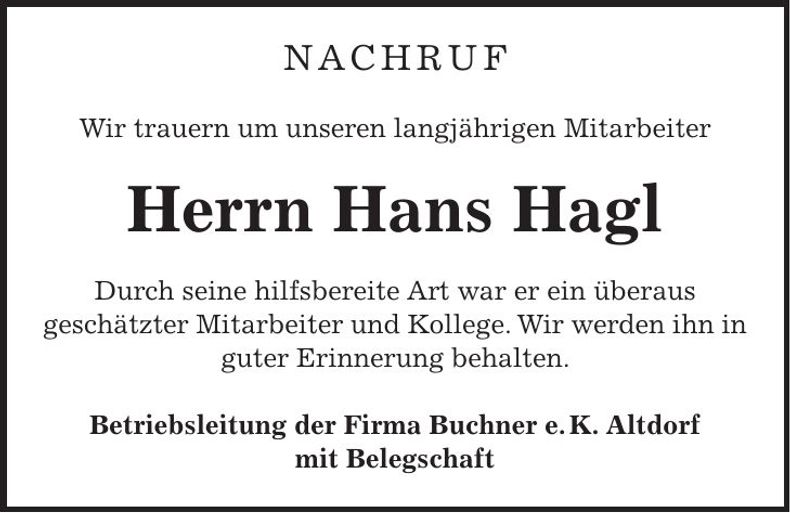 Traueranzeige Hans Hagl