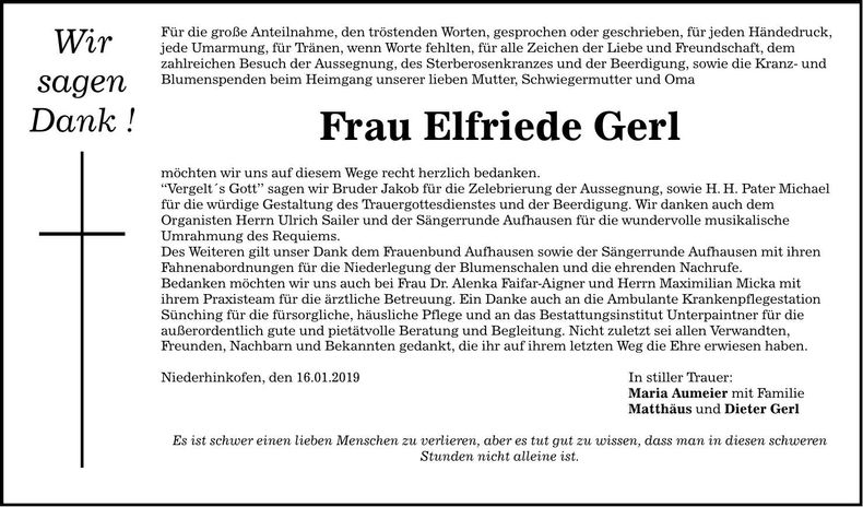 Traueranzeige Elfriede Gierl