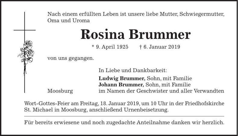 Traueranzeige Rosina Brummer