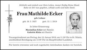 Traueranzeige Mathilde Ecker