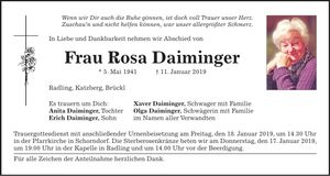 Traueranzeige Rosa Daiminger