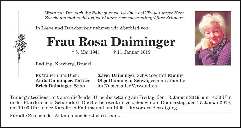 Traueranzeige Rosa Daiminger