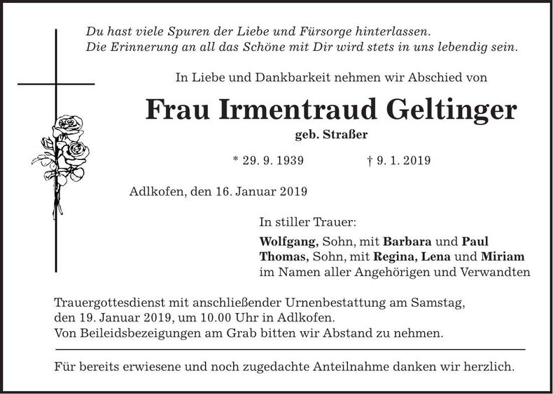 Traueranzeige Irmentraud Geltinger
