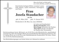 Traueranzeige Josefa Staudacher