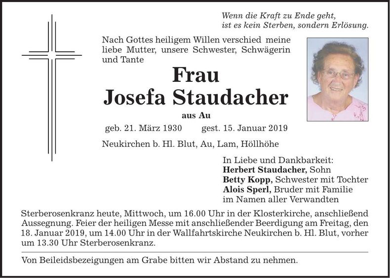 Traueranzeige Josefa Staudacher
