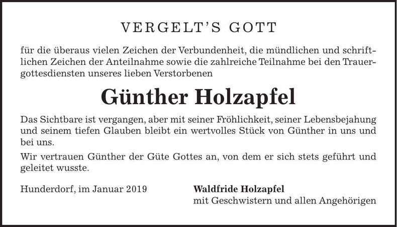 Traueranzeige Günther Holzapfel