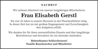 Traueranzeige Elisabeth Gerstl