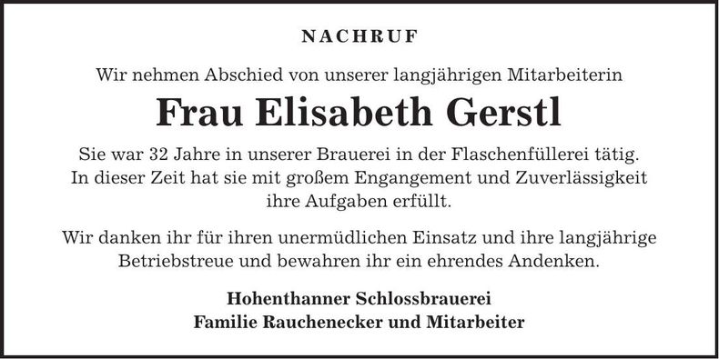 Traueranzeige Elisabeth Gerstl