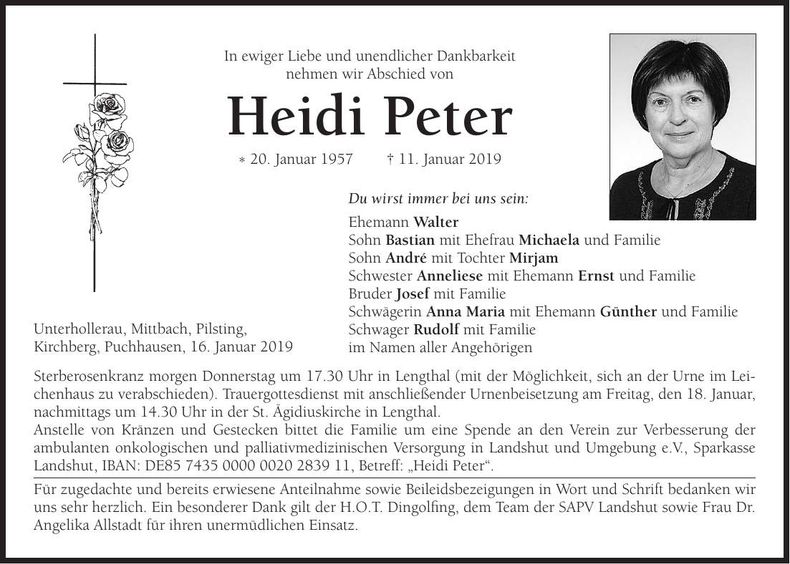 Traueranzeige Heidi Peter