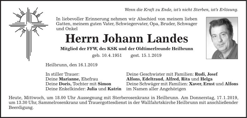 Traueranzeige Johann Landes