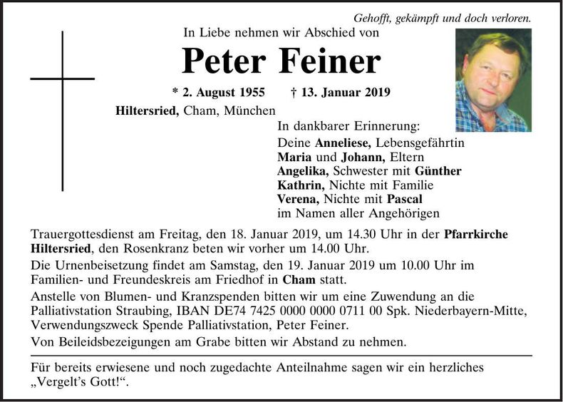 Traueranzeige Peter Feiner