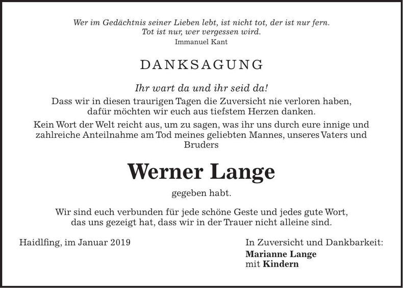 Traueranzeige Werner Lange