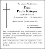 Traueranzeige Paula Krieger